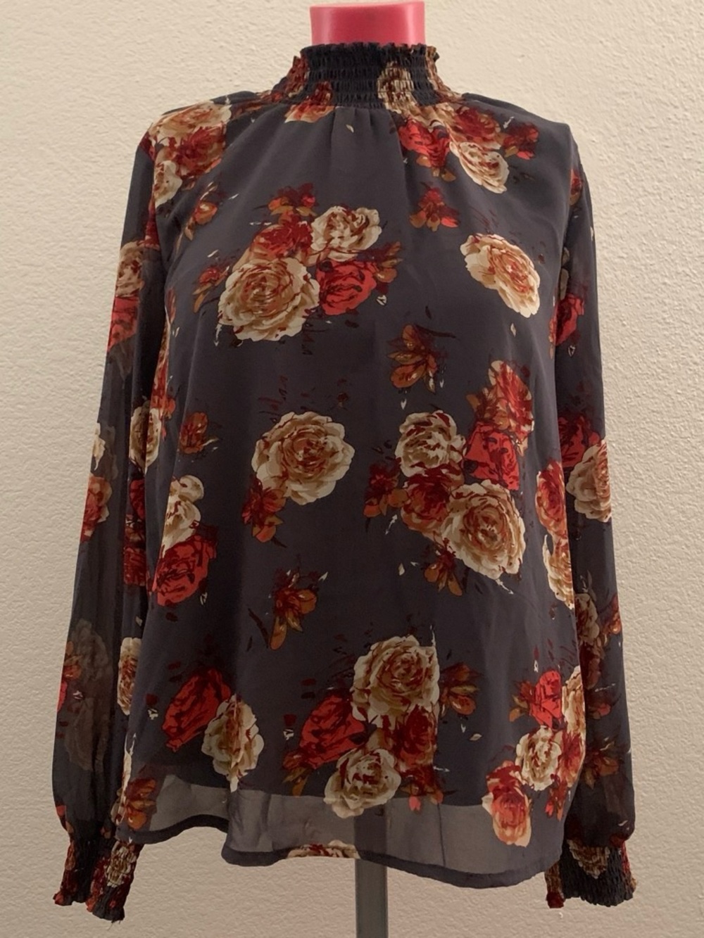 Floral Smocked Mock Neck Long Sleeve Blouse Large